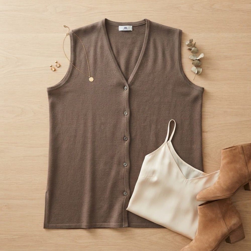 BIB Knit Vest Womens Small Brown Wool Blend Longline Cardigan Office Minimalist